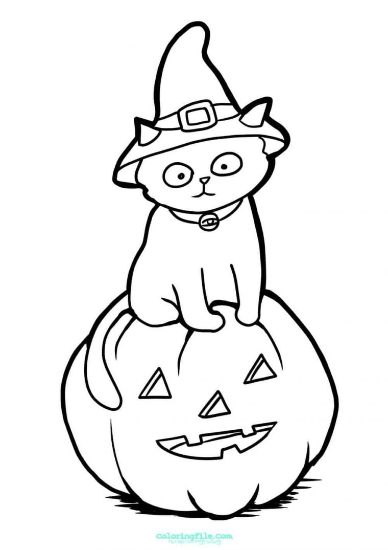 pumpkin and cat coloring page