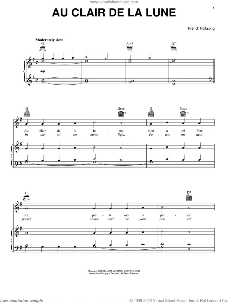 Au Clair De La Lune Sheet Music For Voice, Piano Or Guitar [Pdf] avec Clair De La Lune Lyrics