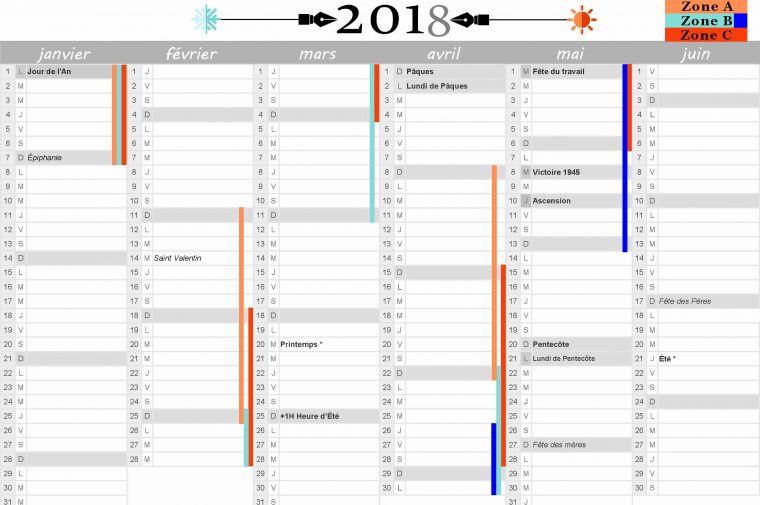 Calendrier 2018 : Vacances Scolaires Et Jours Fériés Inclus concernant Calendrier 2019 Avec Jours Fériés Vacances Scolaires À Imprimer