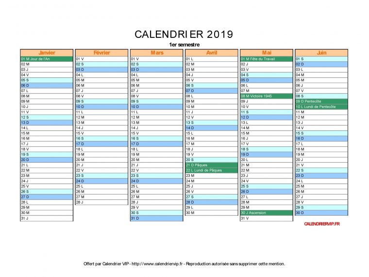 Calendrier 2019 À Imprimer Gratuit En Pdf Et Excel destiné Calendrier 2019 Avec Jours Fériés Vacances Scolaires À Imprimer