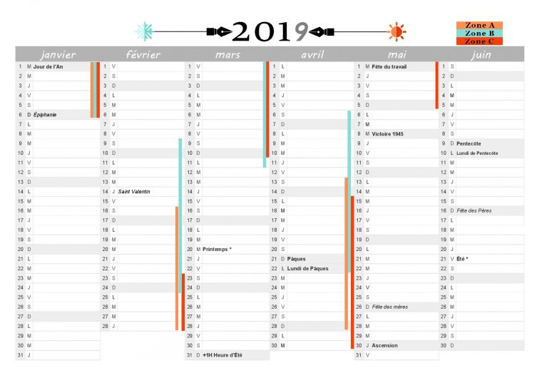 Calendrier 2019 À Imprimer : Jours Fériés – Vacances intérieur Calendrier 2019 Avec Jours Fériés Vacances Scolaires À Imprimer