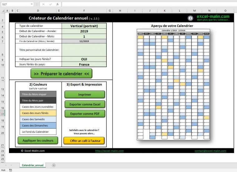 Calendrier 2019 Excel Modifiable Et Gratuit | Excel-Malin dedans Calendrier 2019 Avec Jours Fériés Vacances Scolaires À Imprimer