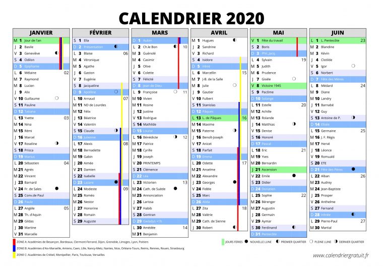 Calendrier 2020 À Imprimer : Jours Fériés – Vacances pour Calendrier 2019 Avec Jours Fériés Vacances Scolaires À Imprimer