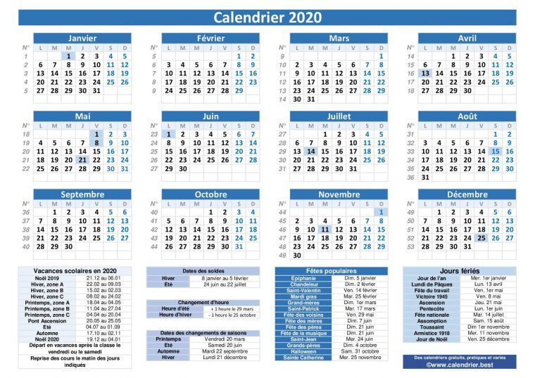 Calendrier 2020 Avec Jours Fériés Et Dates Utiles À Imprimer dedans Calendrier 2019 Avec Jours Fériés Vacances Scolaires À Imprimer