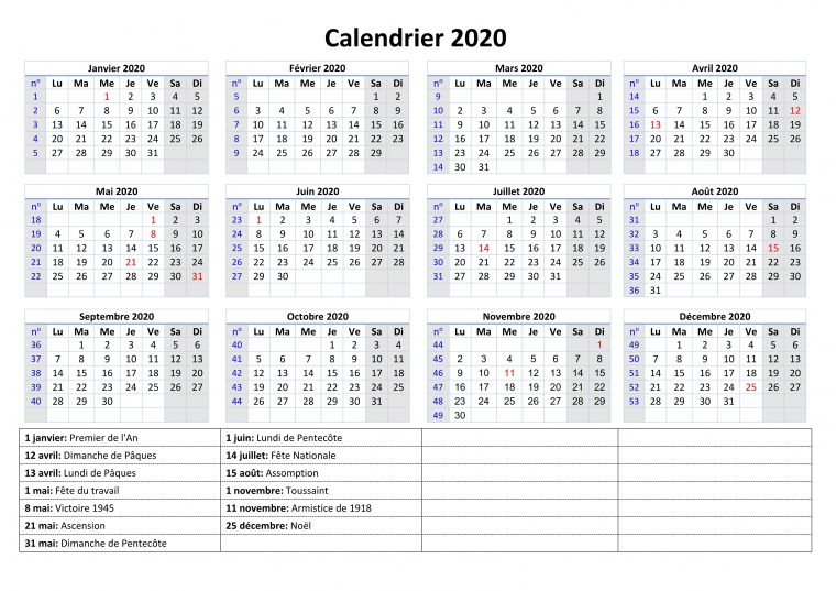 Calendrier 2020 Avec Semaine | Calendrier 2020 tout Calendrier 2019 Avec Jours Fériés Vacances Scolaires À Imprimer