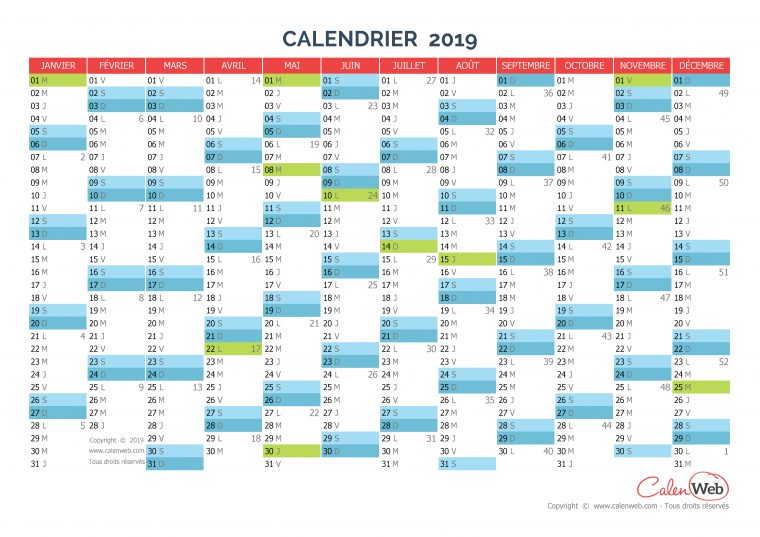 Calendrier Annuel – Année 2019 Avec Jours Fériés – Calenweb dedans Calendrier 2019 Avec Jours Fériés Vacances Scolaires À Imprimer