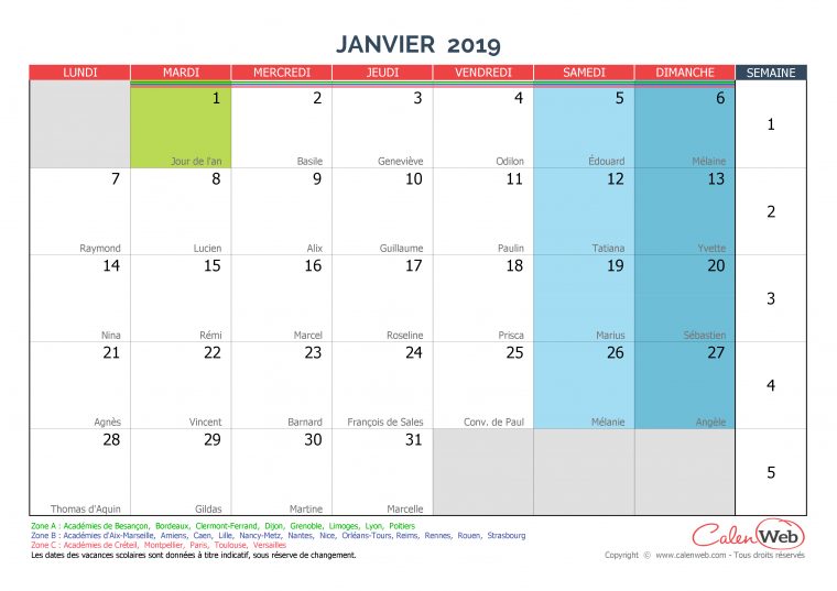 Calendrier Mensuel 2019 Personnalisable Avec Fêtes, Jours avec Calendrier 2019 Avec Jours Fériés Vacances Scolaires À Imprimer