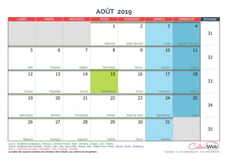 Calendrier Mensuel – Mois D'août 2019 Avec Fêtes, Jours intérieur Calendrier 2019 Avec Jours Fériés Vacances Scolaires À Imprimer