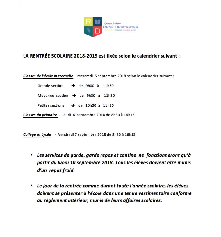 Calendrier Rentrée Scolaire – Gs René Descartes encequiconcerne Rentrée En Grande Section