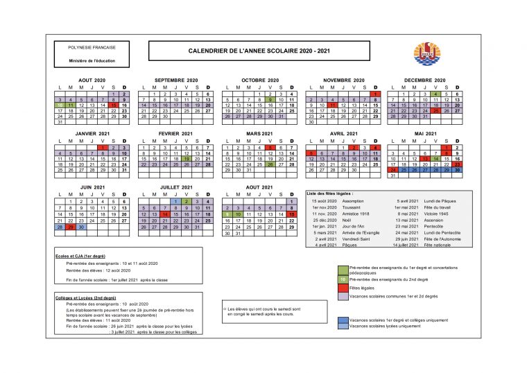 Calendrier Scolaire 2020-2023 – Vice-Rectorat De Polynésie tout Calendrier 2019 Avec Jours Fériés Vacances Scolaires À Imprimer