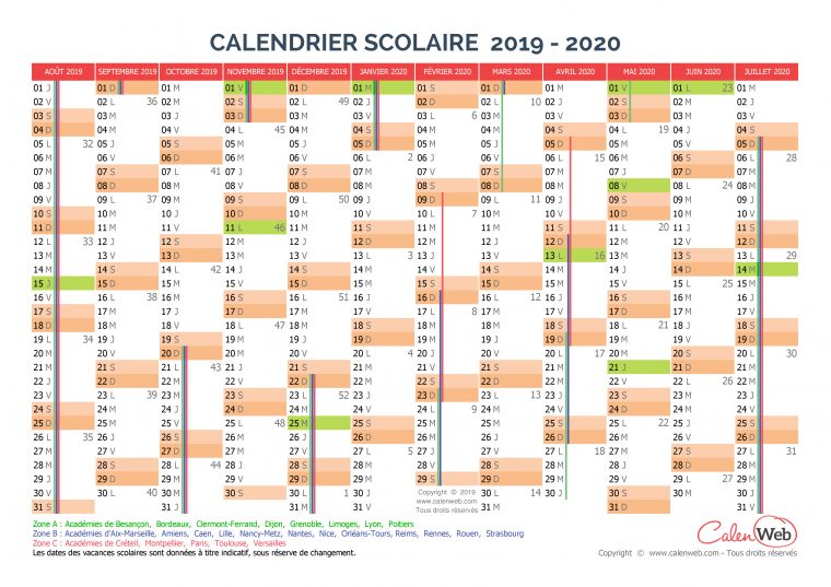 Calendrier Scolaire Annuel 2019-2020 Avec Affichage Des concernant Calendrier 2019 Avec Jours Fériés Vacances Scolaires À Imprimer