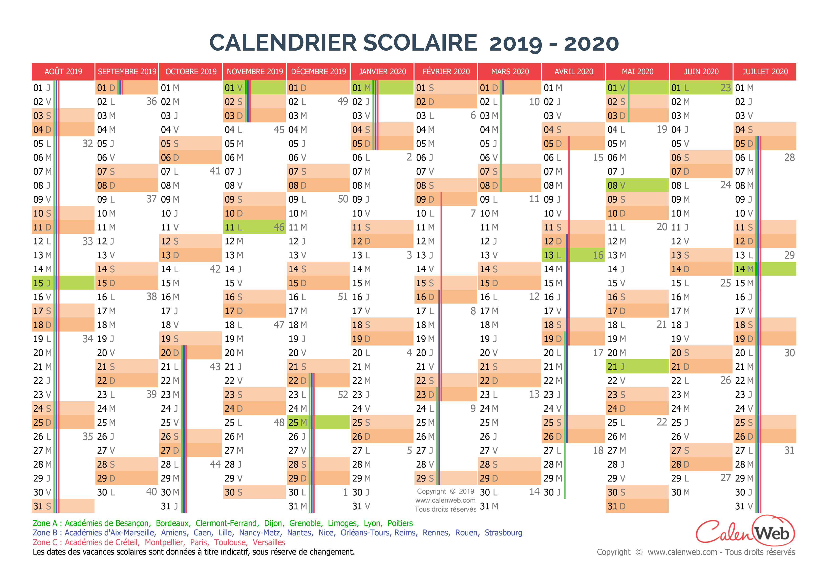 Calendrier Scolaire Annuel 2019-2020 Avec Affichage Des concernant Calendrier 2019 Avec Jours Fériés Vacances Scolaires À Imprimer