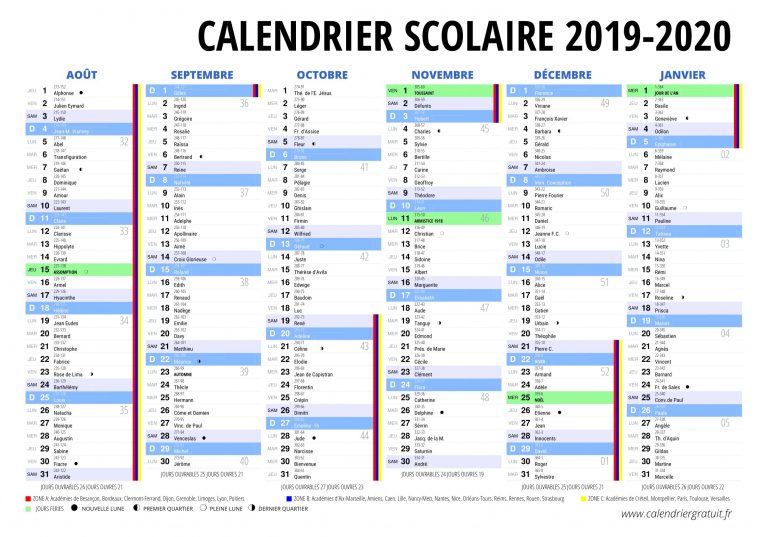 Calendrier Scolaire De 2019 Et 2020 À Imprimer tout Calendrier 2019 Avec Jours Fériés Vacances Scolaires À Imprimer
