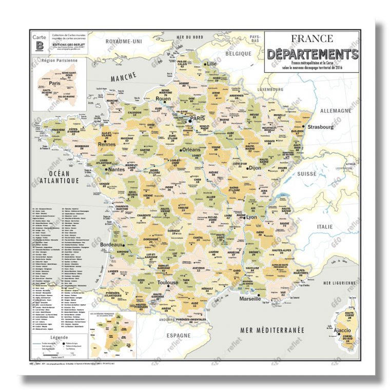 Carte De France Administrative Des Départements – Modèle Vintage – Affiche  100X100Cm pour Carte De France Nouvelles Régions