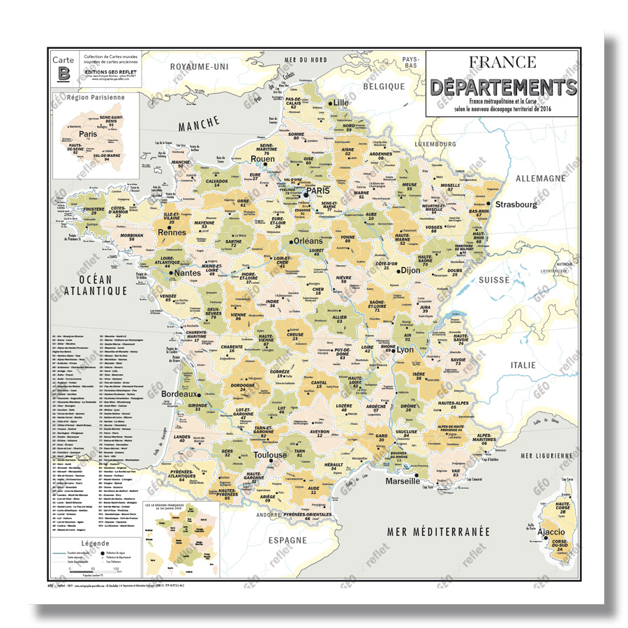 Carte De France Administrative Des Départements - Modèle Vintage - Affiche  100X100Cm pour Carte De France Nouvelles Régions