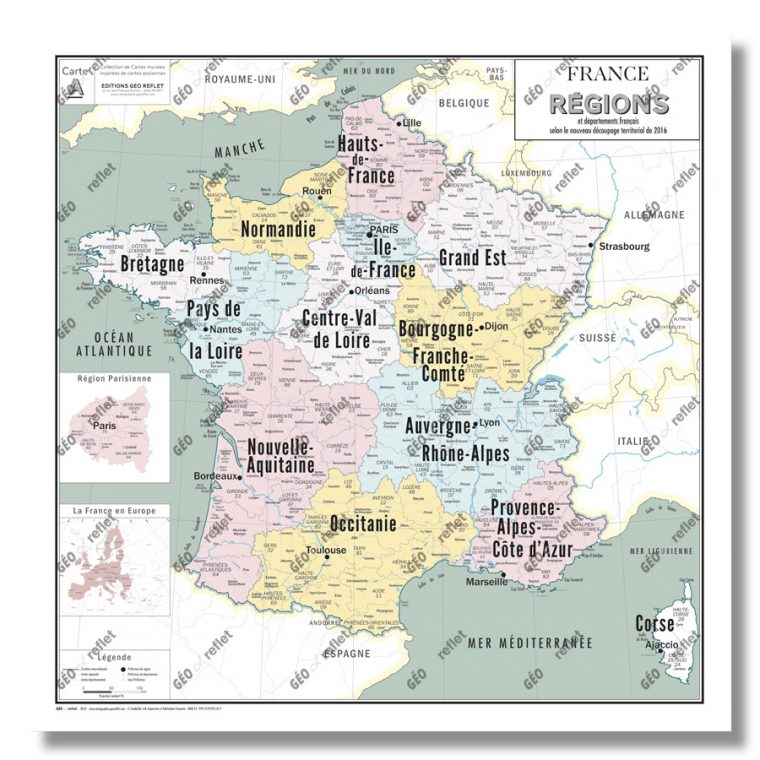 Carte De France Administrative Des Régions – Modèle Vintage – Poster  Plastifié 100X100Cm concernant Carte De France Nouvelles Régions