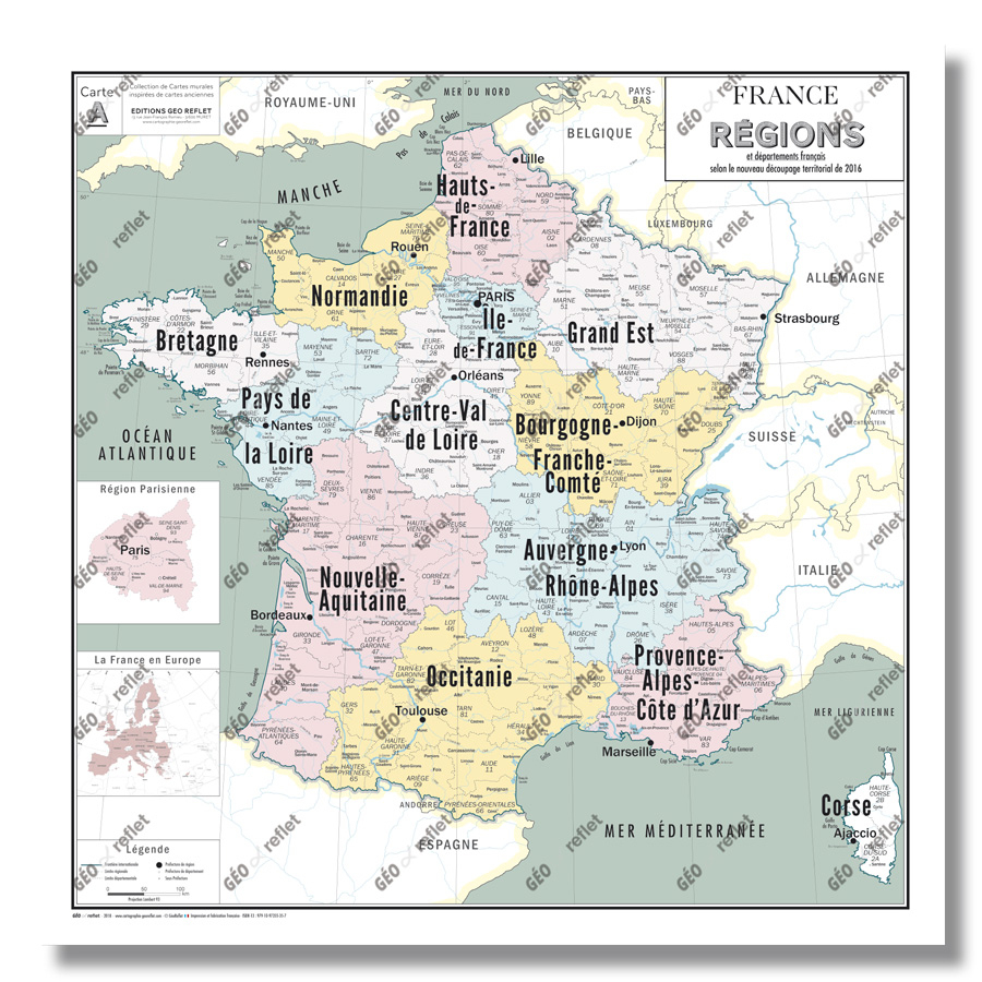 Carte De France Administrative Des Régions - Modèle Vintage - Poster  Plastifié 100X100Cm concernant Carte De France Nouvelles Régions