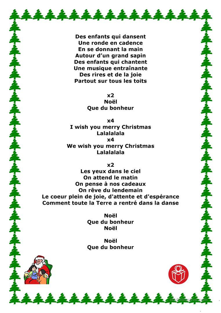 Chansons De Noel - Français Fle Fiches Pedagogiques dedans Chanson De Noel Ecrite