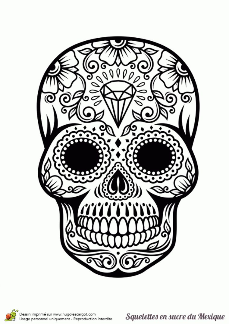 Coloriage Crâne En Sucre Mexicain, Diamants avec Squelette A Imprimer