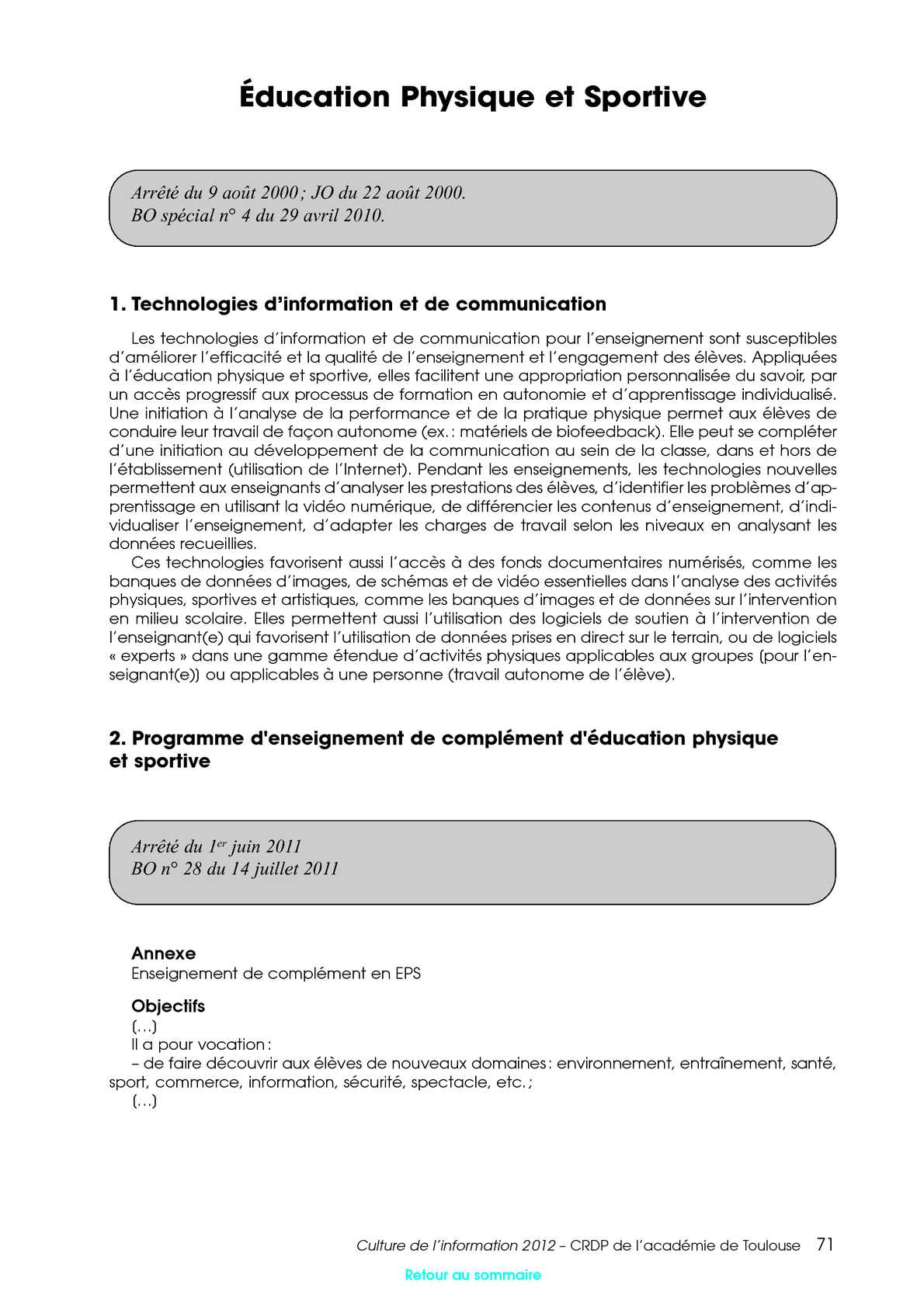 Culture De L'rmation Et Disciplines D'enseignement pour Bo Programmes 2012
