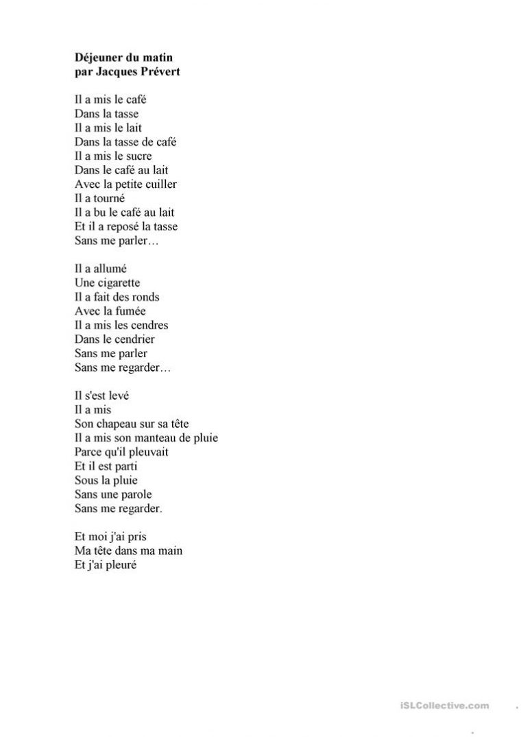 Déjeuner Du Matin Par Jacques Prévert – Français Fle Fiches à Poeme De Jacque Prevert