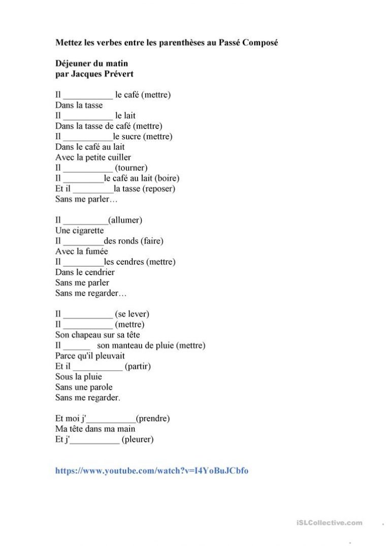 Déjeuner Du Matin Par Jacques Prévert – Français Fle Fiches avec Poeme De Jacque Prevert