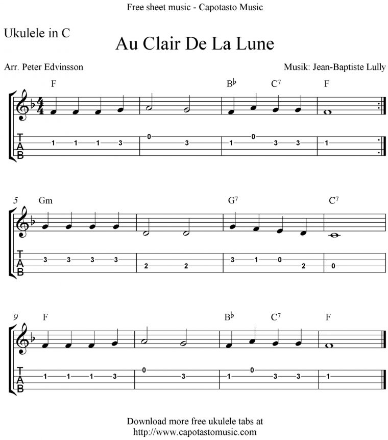 ✓"au Clair De La Lune" Ukulele Sheet Music – Free Printable avec Clair De La Lune Lyrics