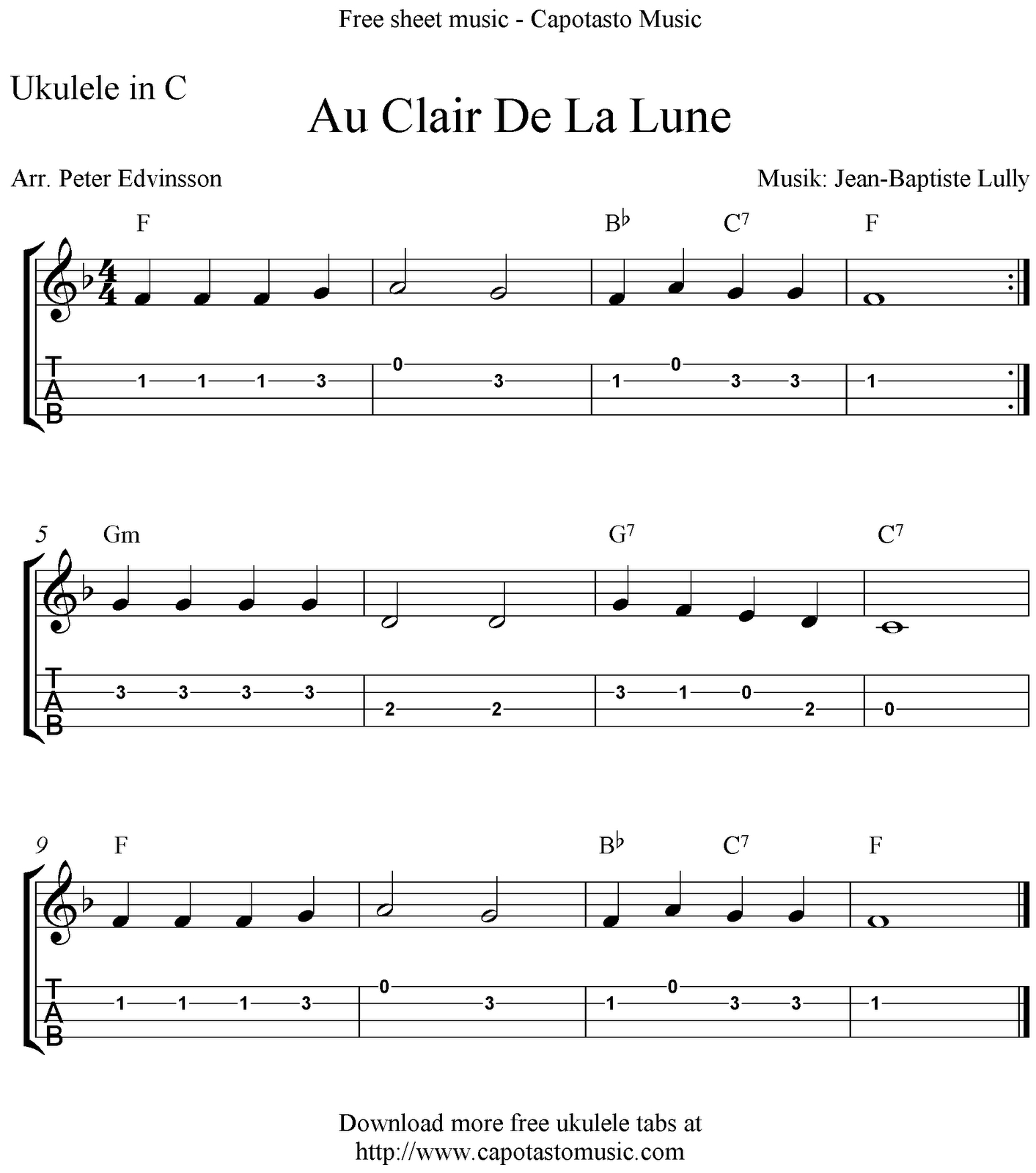 ✓&quot;au Clair De La Lune&quot; Ukulele Sheet Music - Free Printable avec Clair De La Lune Lyrics