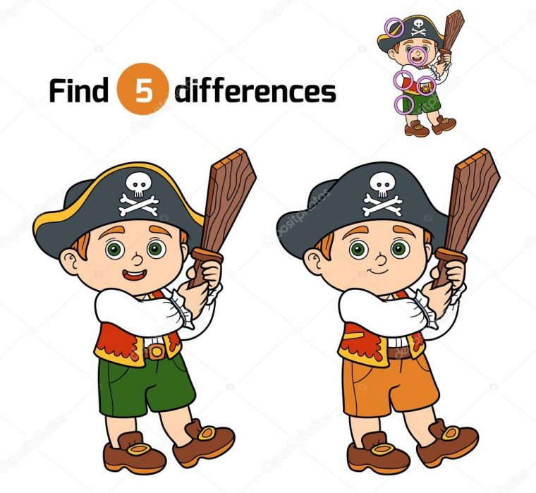 Find Differences, Game For Children (Pirate Boy) — Stock avec Les 5 Differences