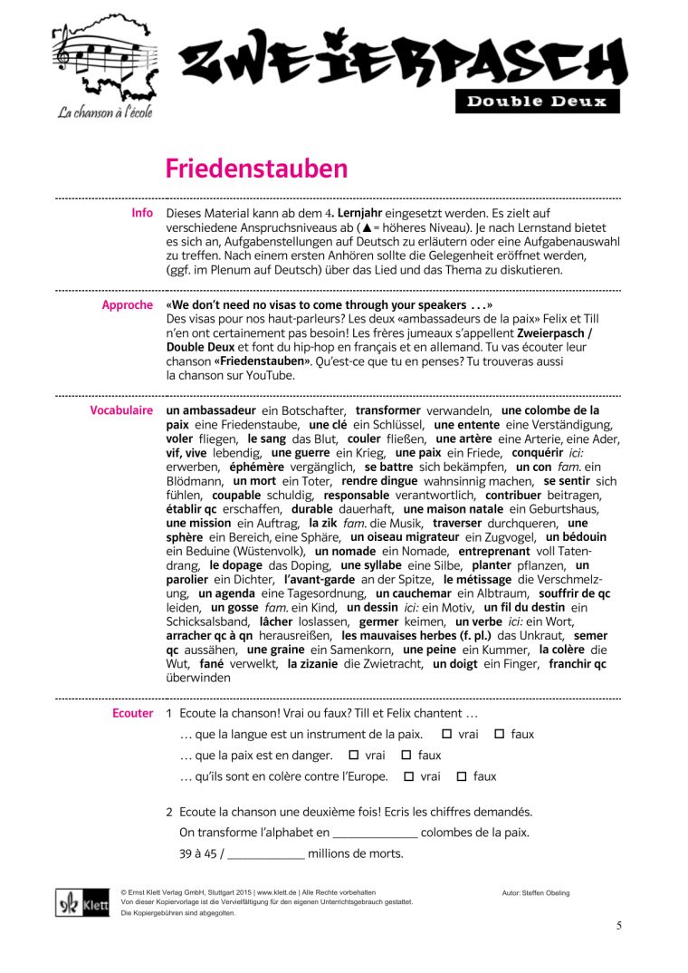 Friedenstauben / Colombes De La Paix – Klett Verlag pour Chanson Des Chiffres En Français Friedenstauben / Colombes De La Paix – Klett Verlag pour Chanson Des Chiffres En Français