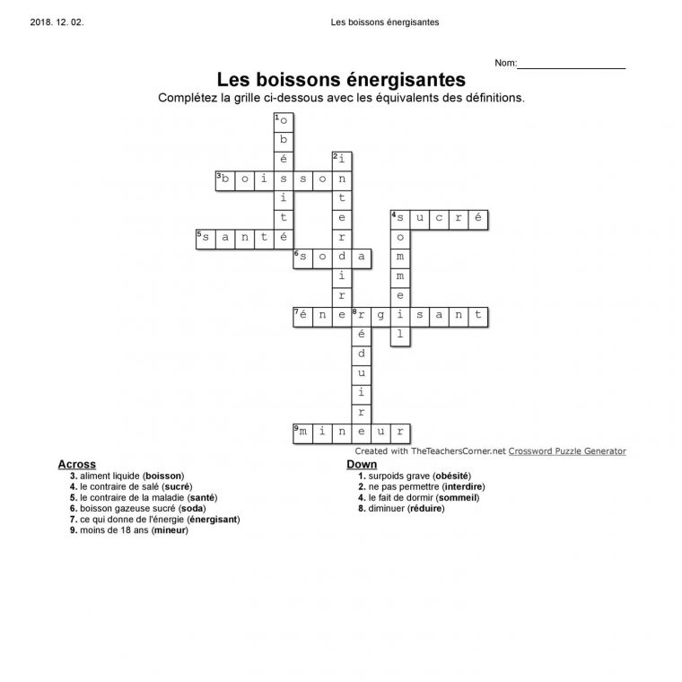Mots Croisés Clé – Les Boissons Énergisantes.pdf | Docdroid intérieur Mot Croiser