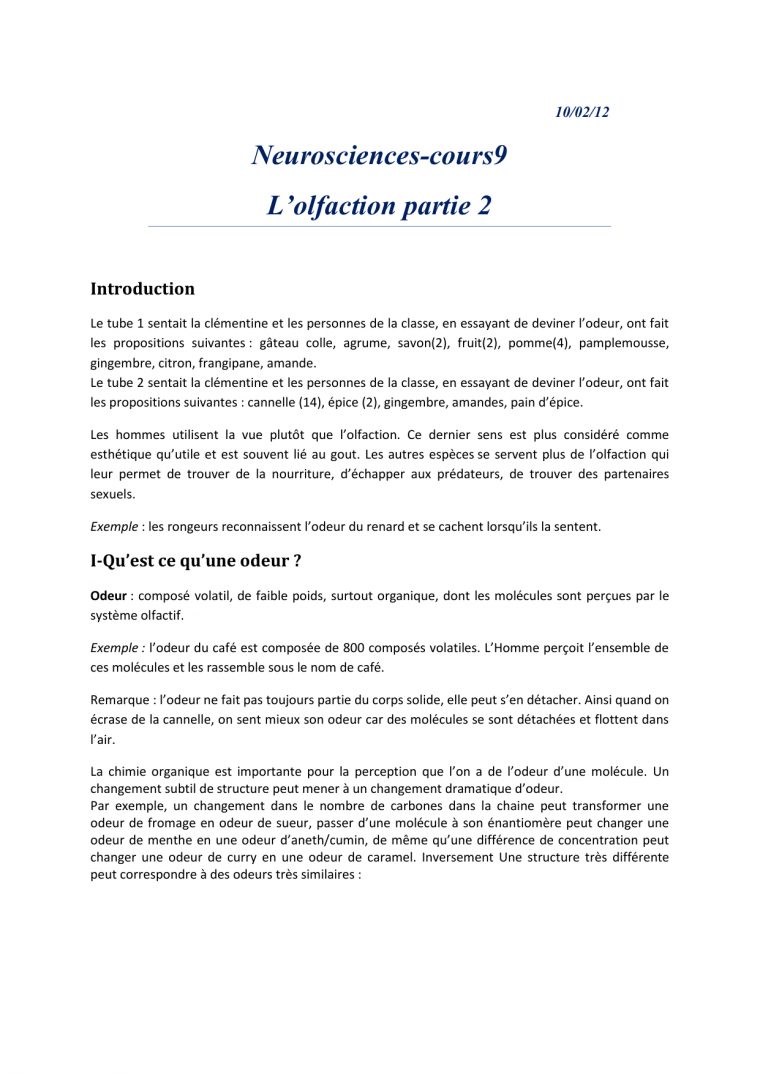 Neurosciences-Cours9 L'olfaction Partie 2 Introduction 10/02/12 tout Sens Olfactif