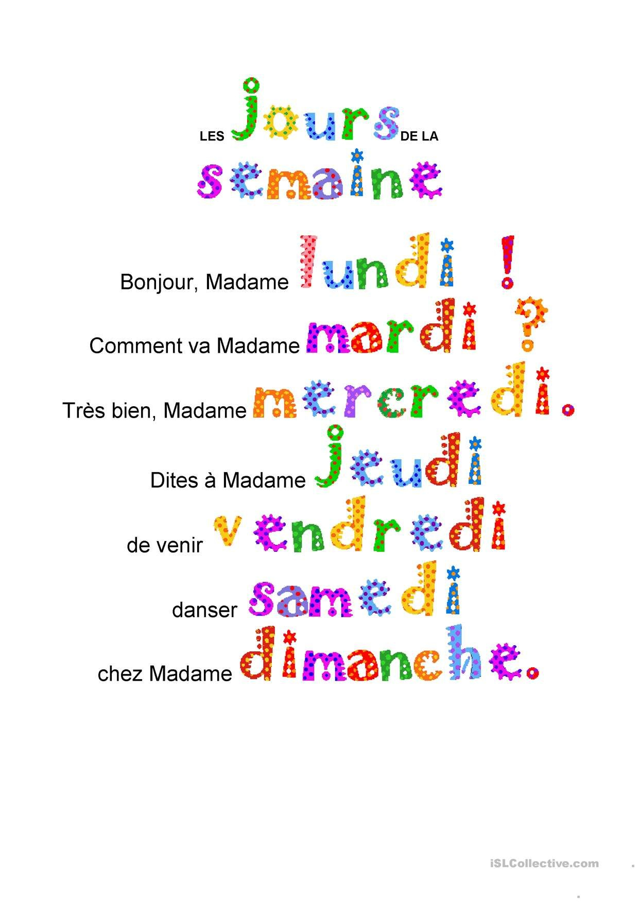 One-Click Print Document | Comptines, Comptine Maternelle tout Comptine Bonjour Madame Lundi