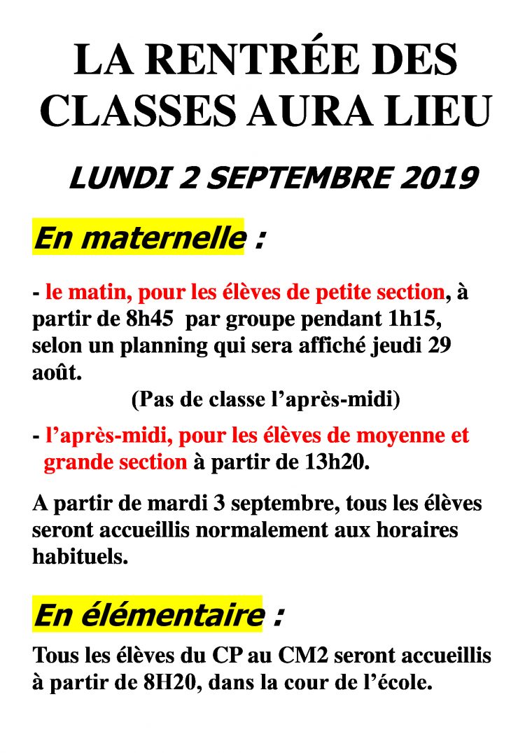 Organisation De La Rentrée 2019 | Ecole Primaire De Sous Aléry dedans Rentrée En Grande Section