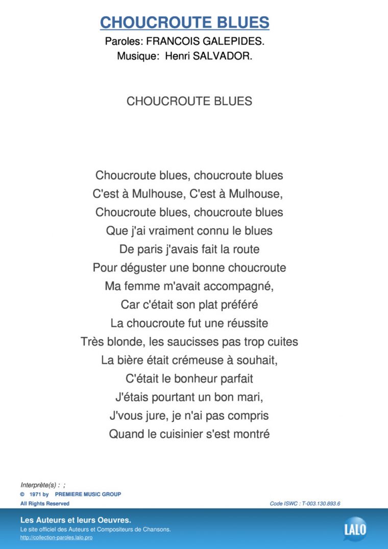 Paroles Et Musique De Choucroute Blues – Lalo.pro tout Chanson A Imprimer