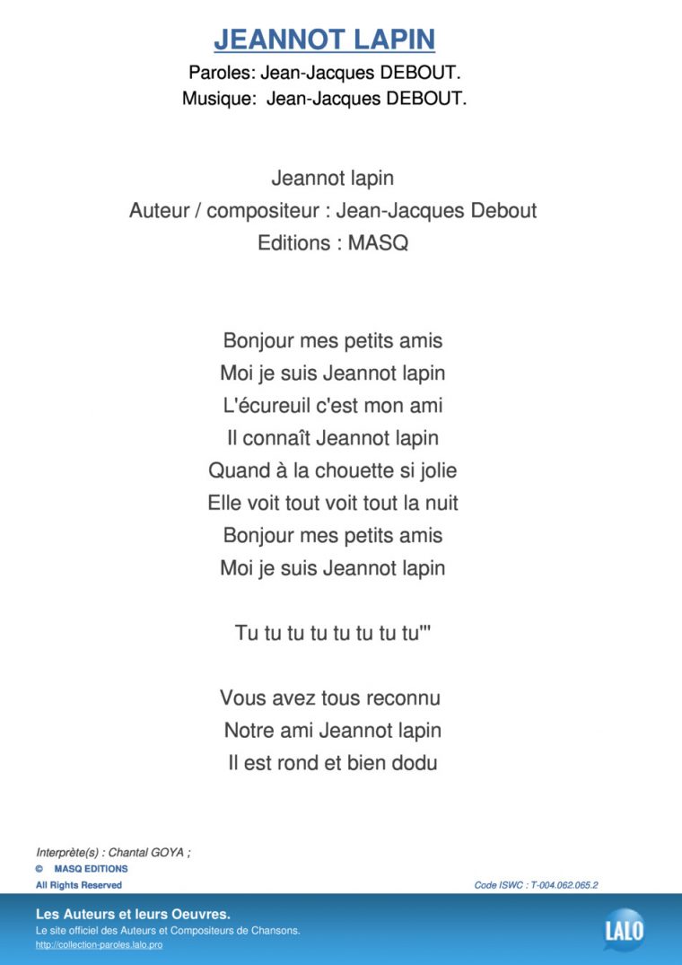 Paroles Et Musique De Jeannot Lapin Chantal Goya – Lalo.pro encequiconcerne Chanson Enfant Lapin