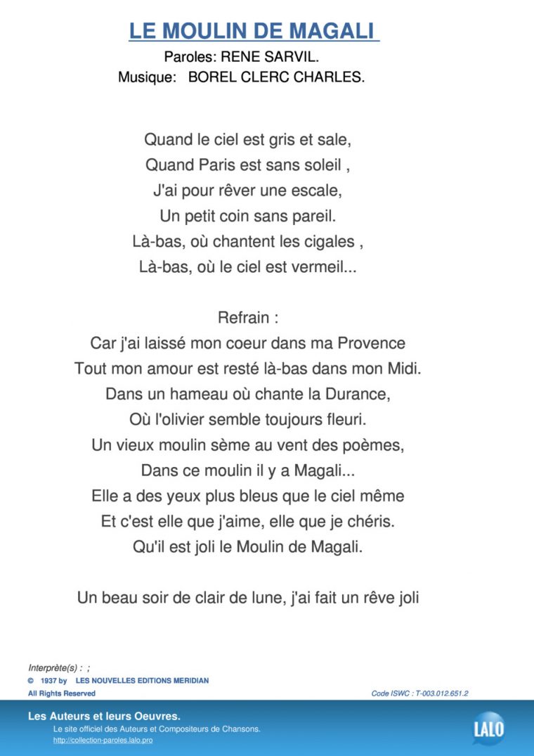 Paroles Et Musique De Le Moulin De Magali – Lalo.pro destiné Petit Moulin Chanson