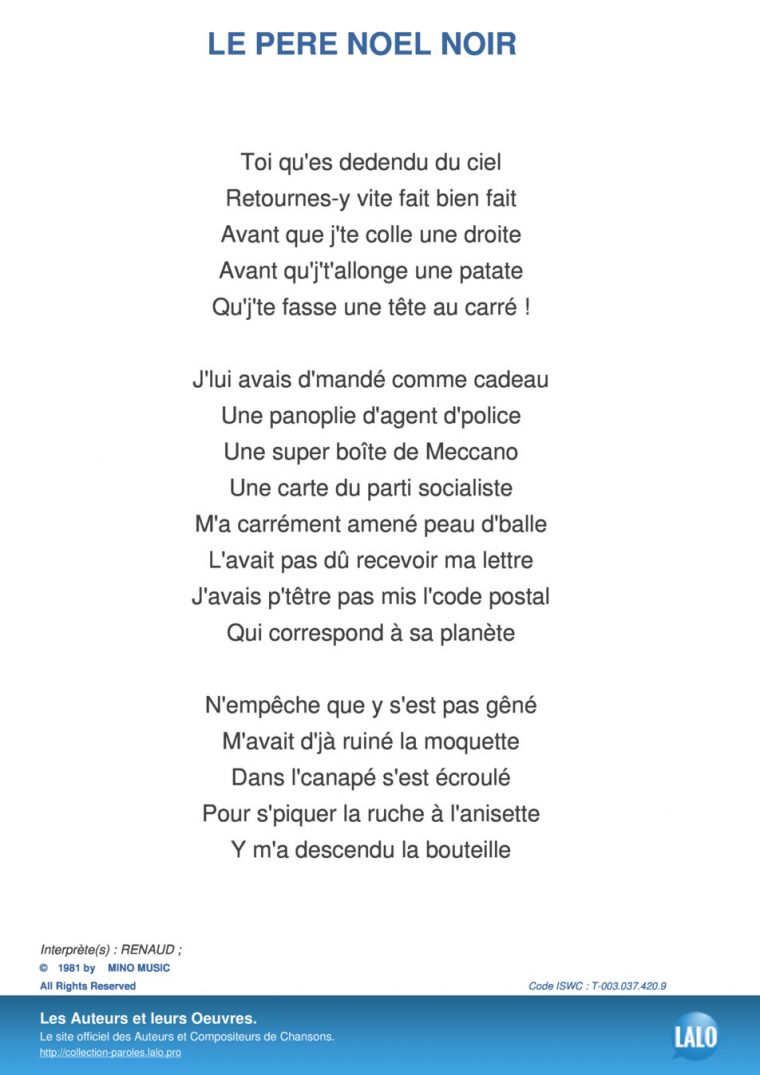 Paroles Et Musique De Le Pere Noel Noir Renaud – Lalo.pro concernant Chanson De La Patate