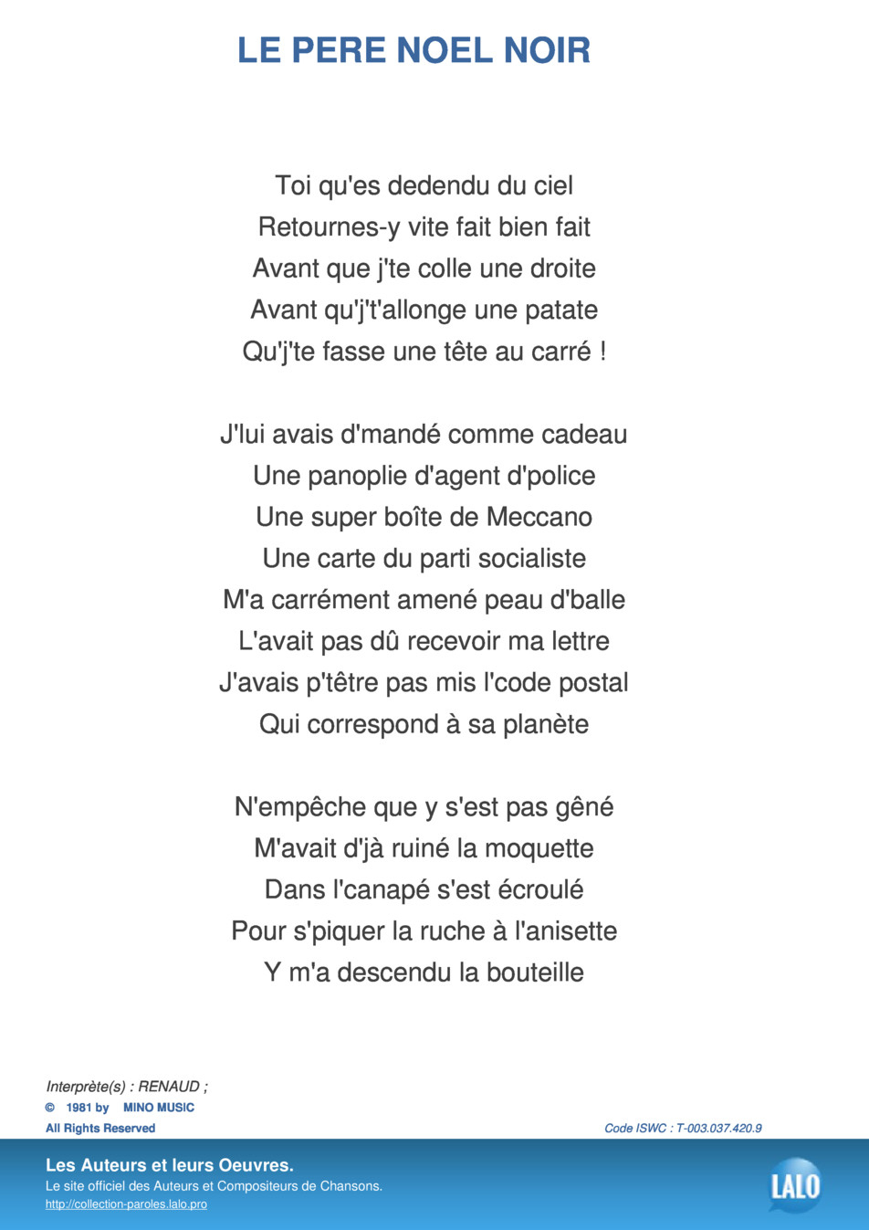 Paroles Et Musique De Le Pere Noel Noir Renaud - Lalo.pro concernant Chanson De La Patate