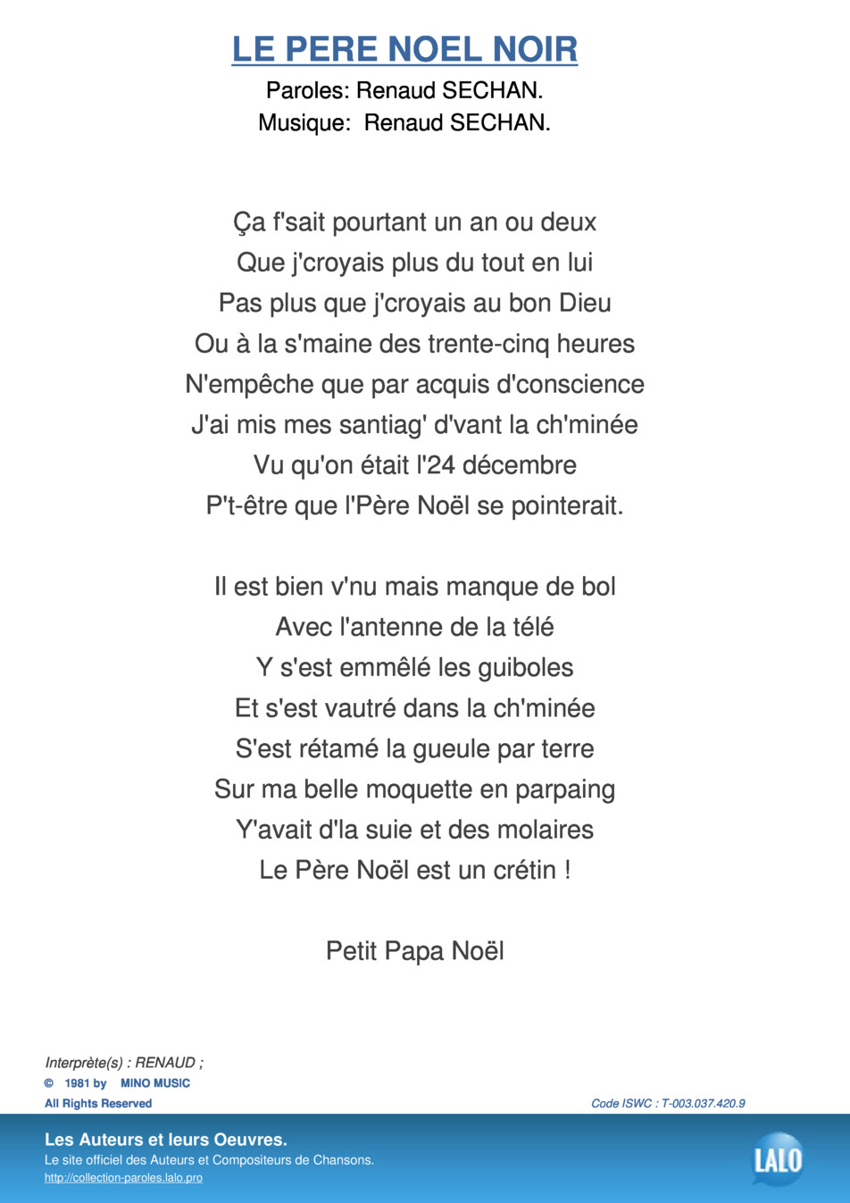Paroles Et Musique De Le Pere Noel Noir Renaud - Lalo.pro encequiconcerne Musique Du Père Noël