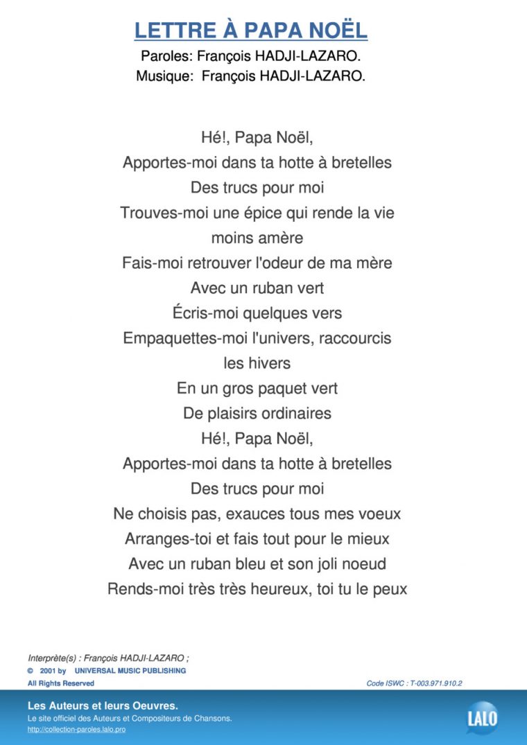 Paroles Et Musique De Lettre A Papa Noel François Hadji dedans Papa Noel Parole
