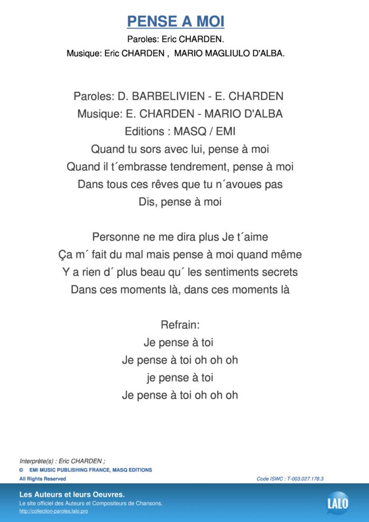 Paroles Et Musique De Pense A Moi Eric Charden – Lalo.pro avec Chanson Pense À Moi