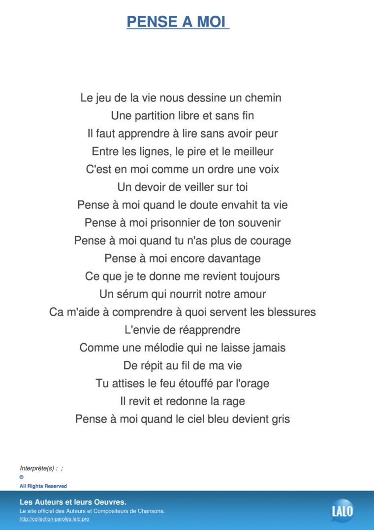 Paroles Et Musique De Pense A Moi - Lalo.pro destiné Chanson Pense À Moi