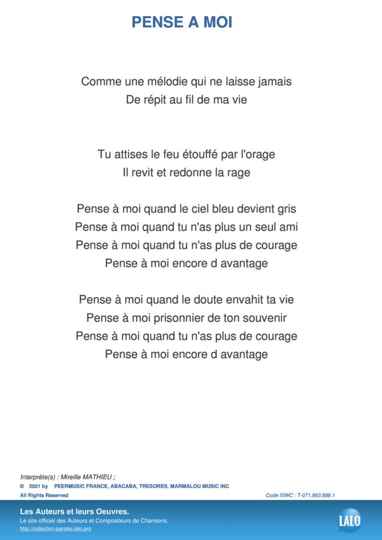 Paroles Et Musique De Pense A Moi Mireille Mathieu – Lalo.pro dedans Chanson Pense À Moi