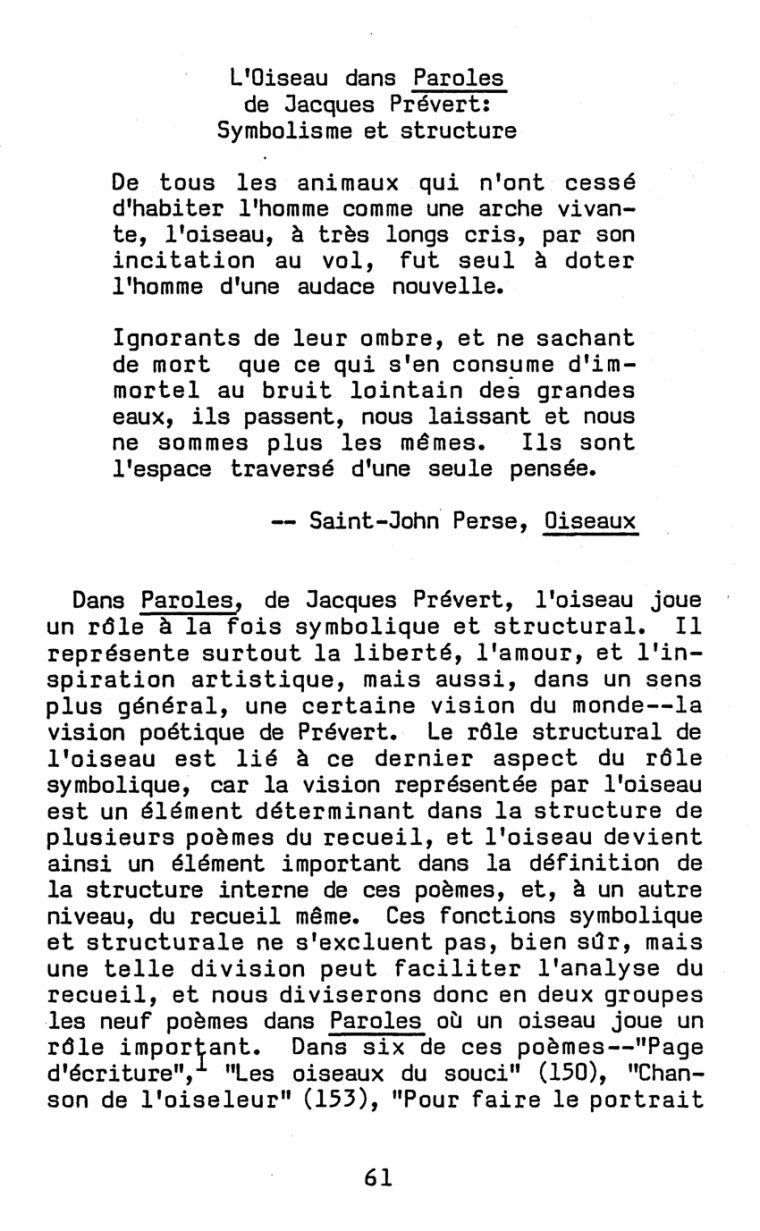 Pdf) L'oiseau Dans Paroles De Jacques Prévert: Symbolisme Et serapportantà Poeme De Jacque Prevert