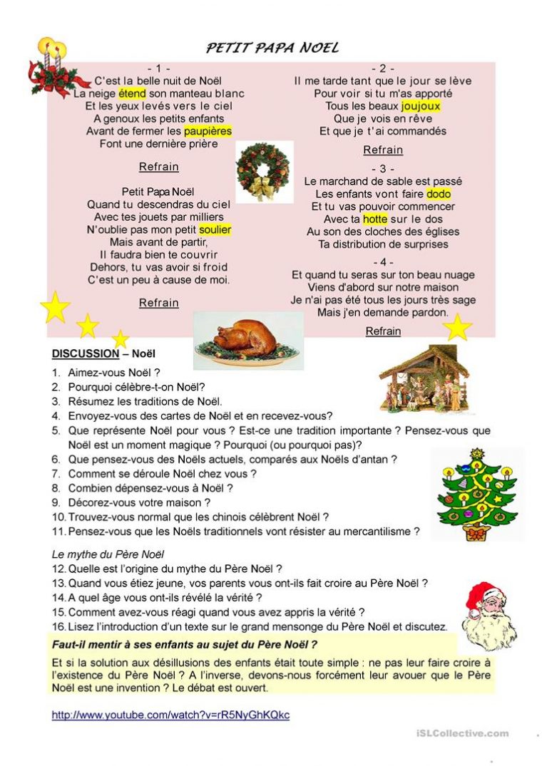 Petit Papa Noel – Français Fle Fiches Pedagogiques avec Petit Papa Noel Video