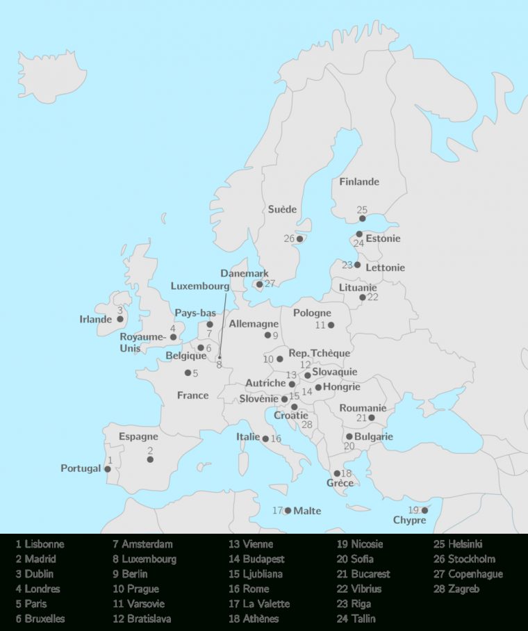 Placer Sur La Carte Les 28 États De L'union Européenne Et intérieur Carte Europe Avec Capitales