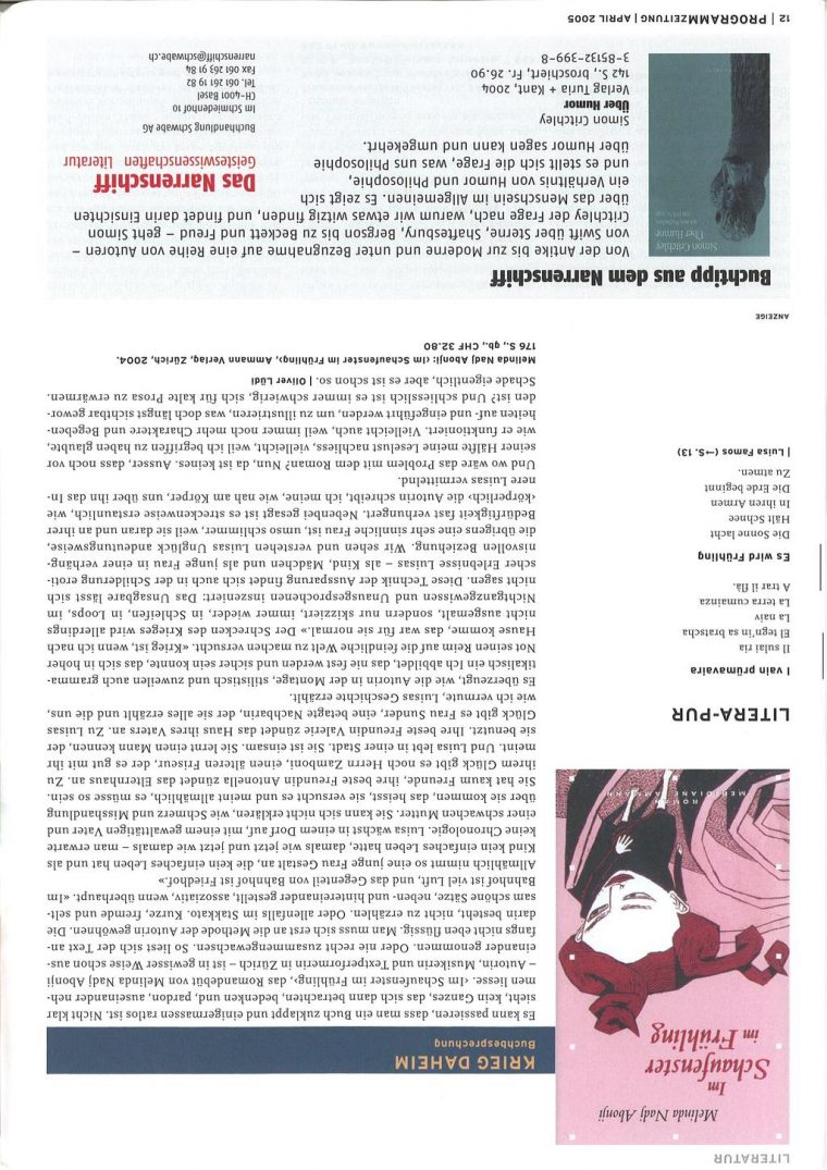 Pr0Grammzeitung. Kultur Im Raum Basel. April 2005 Nr intérieur Realisation Papier Crepon