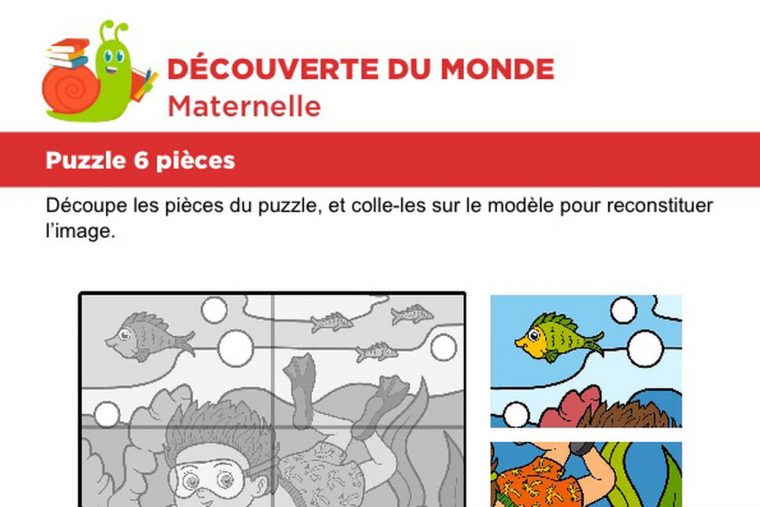 Puzzle 6 Pièces, Le Plongeur à Découpage Collage Maternelle À Imprimer