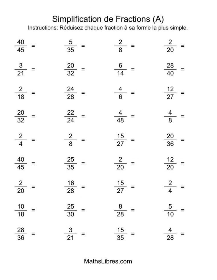 Simplification De Fractions (Faciles) (A) avec Exercice Cm2 Gratuit